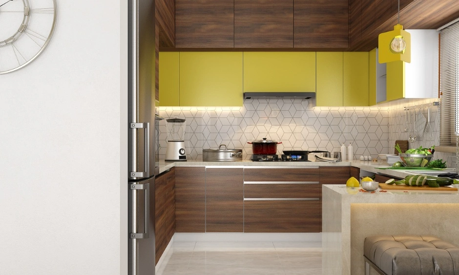 Small kitchen with white cabinets, a patterned floor, open shelving and a compact cooking counter.