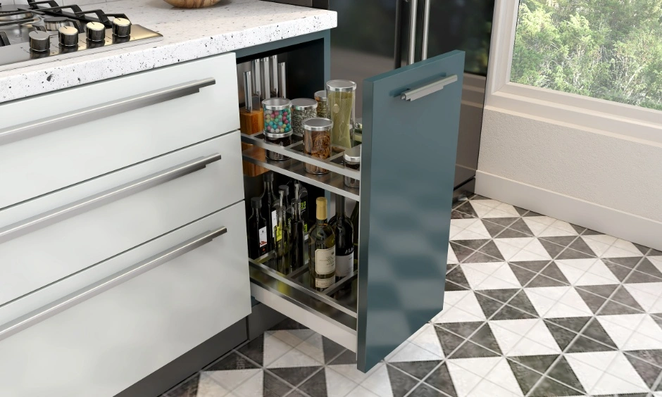 Small kitchen with white cabinets, open shelving and a movable trolley beside the worktop