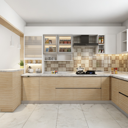 Modular kitchen design cost in Gurgaon for veneer finish starts at ₹4 Lakhs