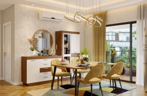 A completed 3BHK features matching wardrobes, a modular kitchen and coordinated interiors throughout.