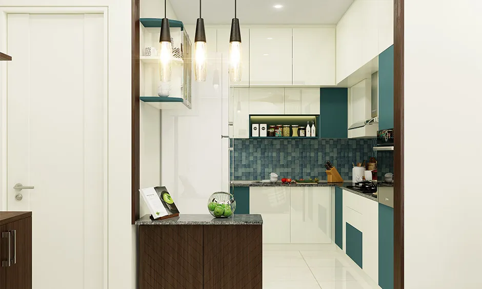 Hanging kitchen lights enhancing brightness and visual height in a compact kitchen.