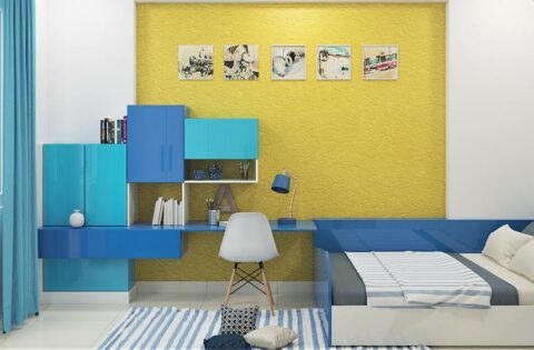 Bright yellow bedroom with sunlight streaming in, creating a cheerful and inviting space