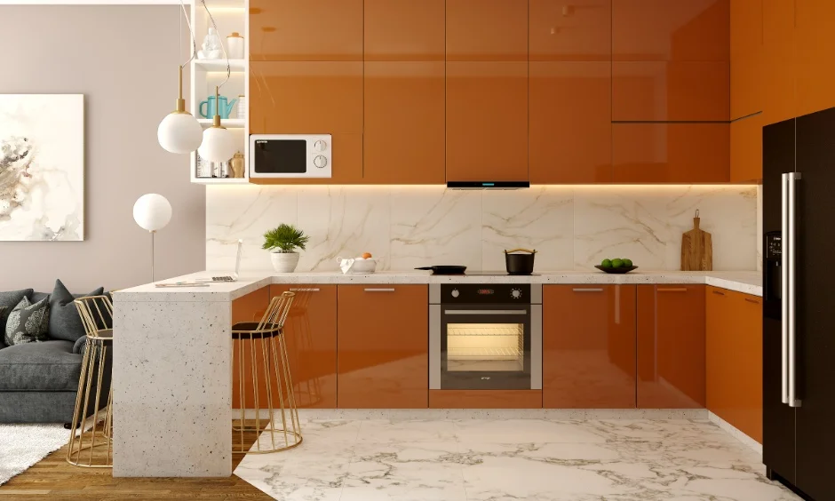 A modular kitchen with wood-toned cabinets forms part of a 2BHK furniture package.