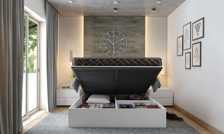2BHK bedroom interior design with black hydraulic storage bed and wall clock