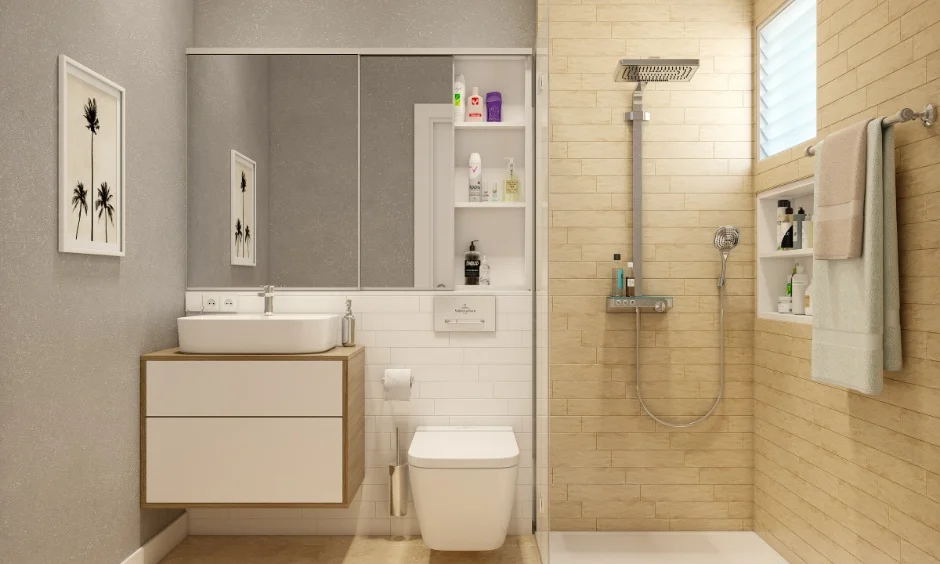 2BHK bathroom interior design with wooden vanity unit and walk-in shower 
