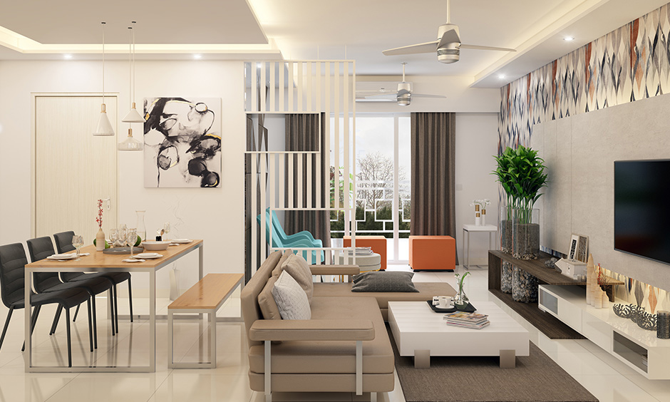 Smartly divided living room and dining room with a set of furniture