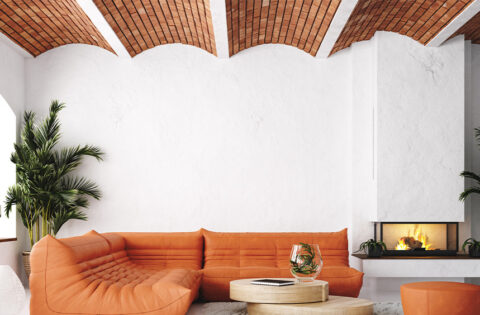 Copper-toned ceiling adds warmth and personality to a modern living space