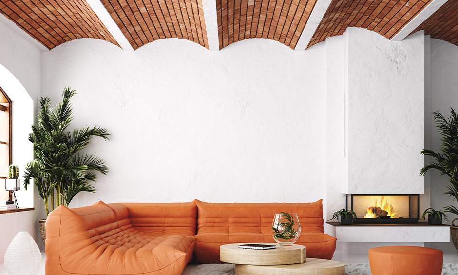 Copper-toned ceiling adds warmth and personality to a modern living space