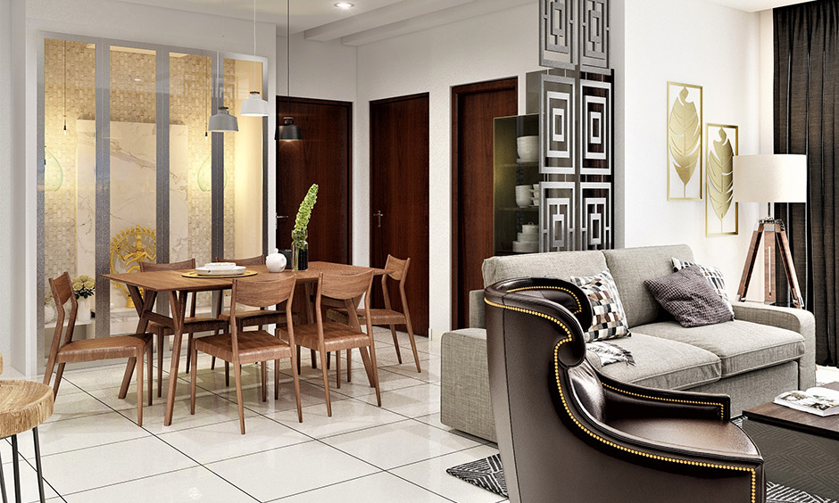 The dining room decor with a pair of pendant lights and wooden dining table set which brings warmth