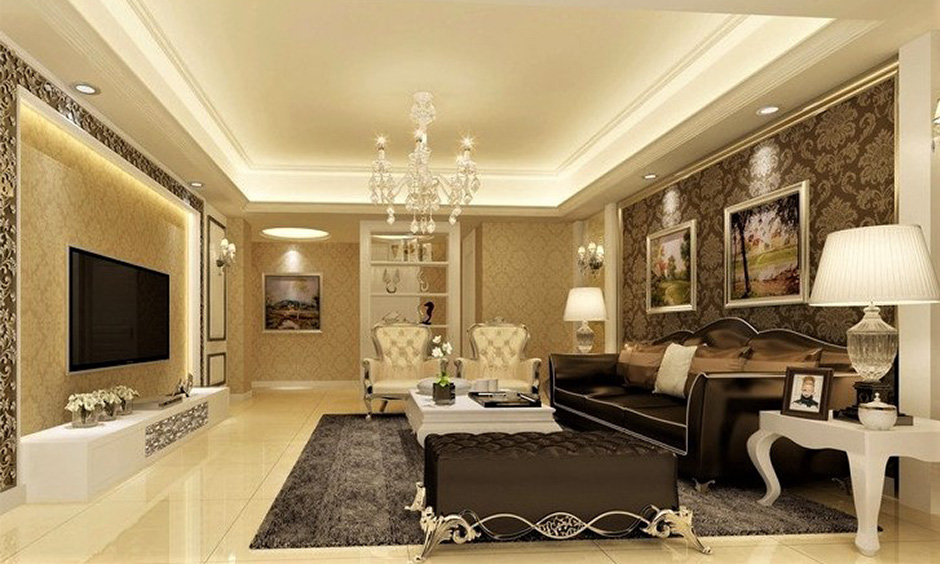 Elegant home decor for the family room with crystal chandelier and classic sofa set.