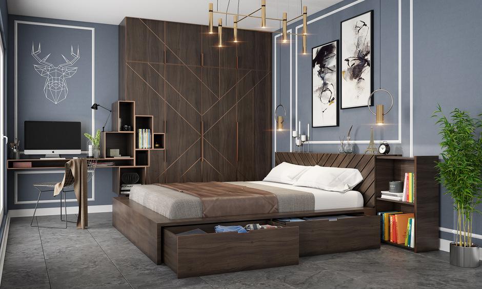 Modular bed with pull-out drawers to maximise bedroom storage in small Gurgaon homes