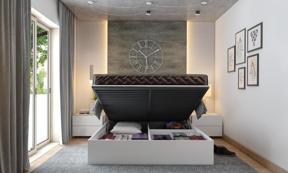 Hydraulic modular bed with lift-up storage for compact bedrooms in Gurgaon apartments