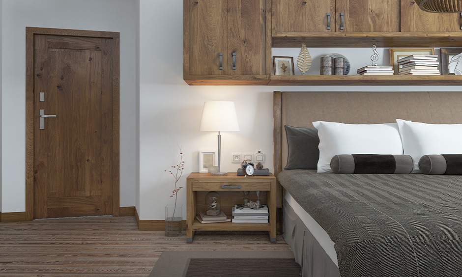 Single-panel wooden bedroom door with vertical handle for a minimal modern look