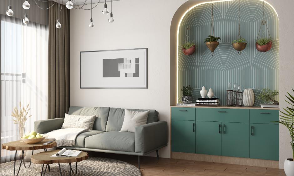 Green interior with forest and mint tones, recycled decor, and natural light for a calming, eco-friendly space.
