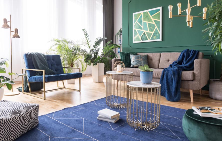 A cosy green room decor with cushions, throws, and hanging plants creating a serene reading nook.