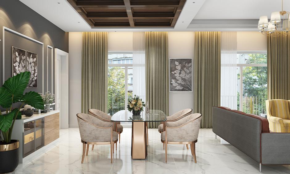 A wall for a modern dining room in charcoal grey, adding bold depth and enhancing elegant decor.