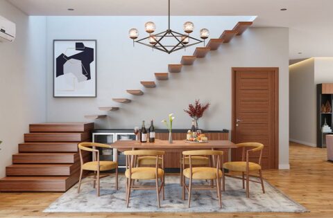 A minimal dining room featuring beige-painted walls and elegant decor.