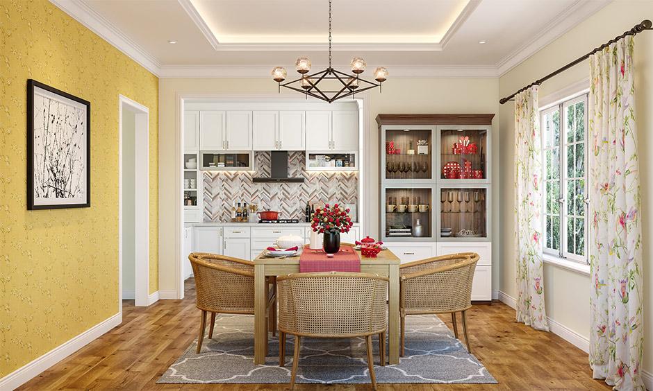 Dining room with sun-kissed yellow walls that create a cheerful and uplifting atmosphere.