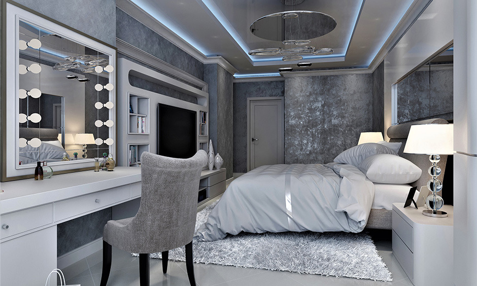 Latest ceiling design for bedroom with fibre panels and soft recessed lighting creating a cosy atmosphere.