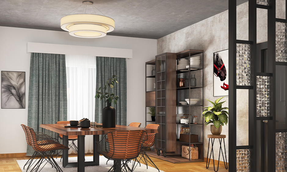 Exposed cement ceiling with warm wood beams and simple lights, creating a modern industrial hall look.