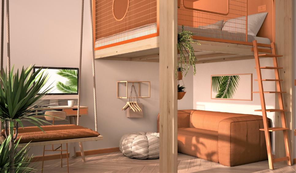 Industrial-style loft bunk bed with space below for a teen boy’s gaming or study station