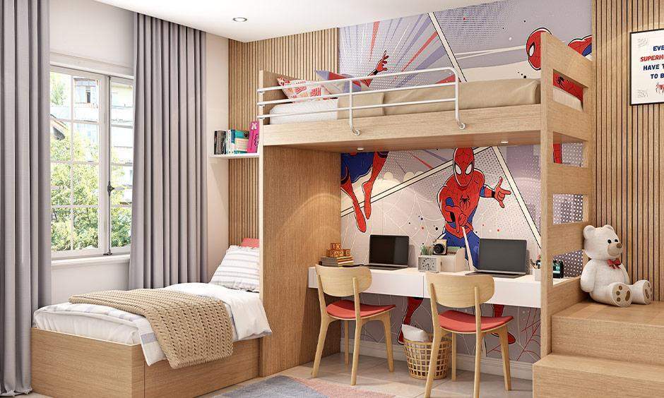 L-shaped bunk bed with study desk and open shelves for school-going boys