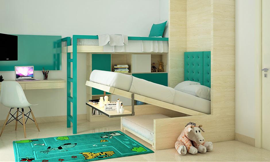 Sleek metal frame bunk bed for boys with a modern and minimal bedroom interior