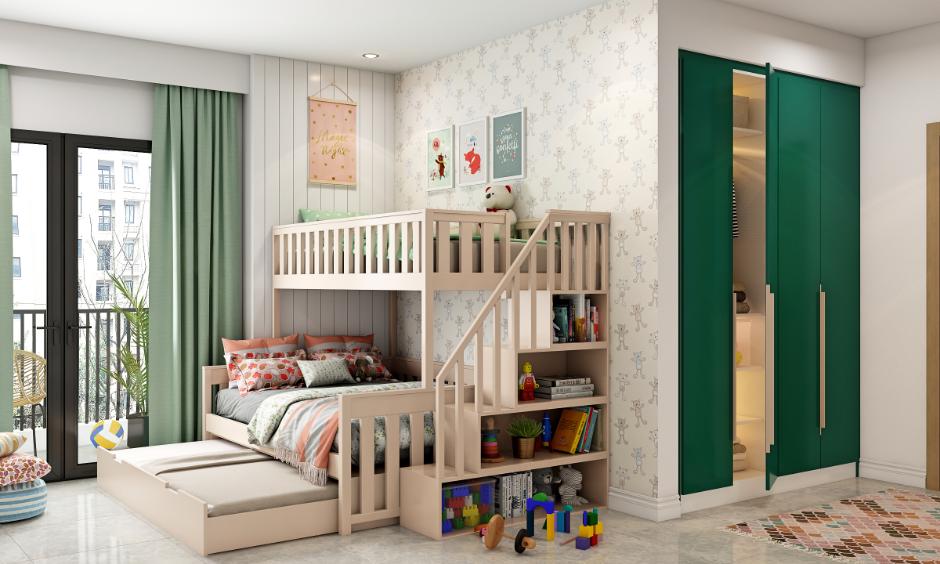 Twin-over-full bunk bed in a neutral-toned boys' room with dark green cupboards and open shelves