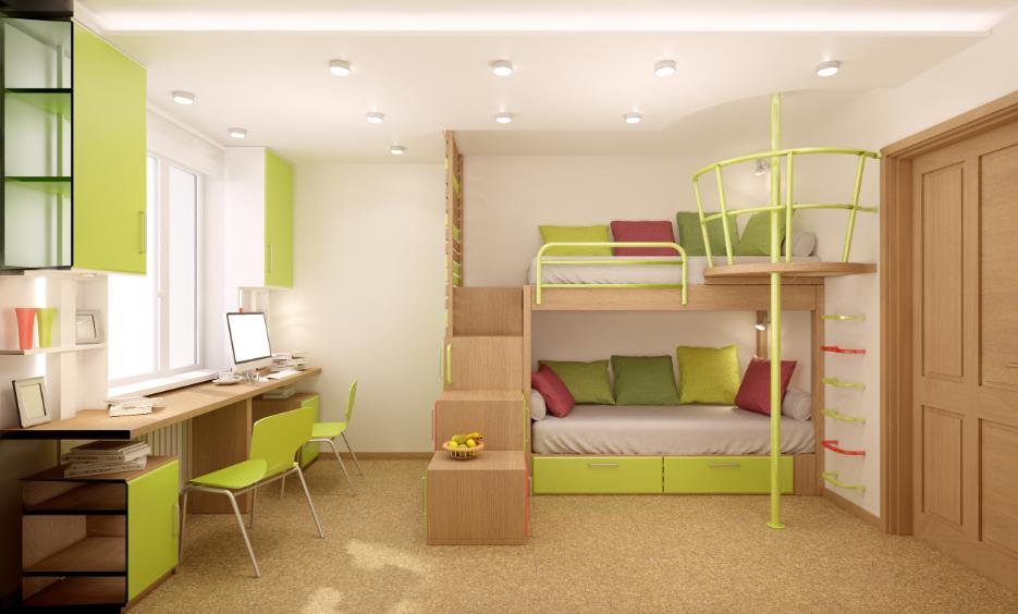 Bunk bed with built-in stairs and storage drawers for a space-saving boys' bedroom design