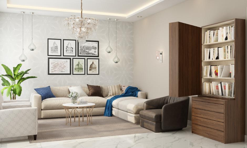 Living room with beige sofa, wood bookshelf and neutral calming wall colours.