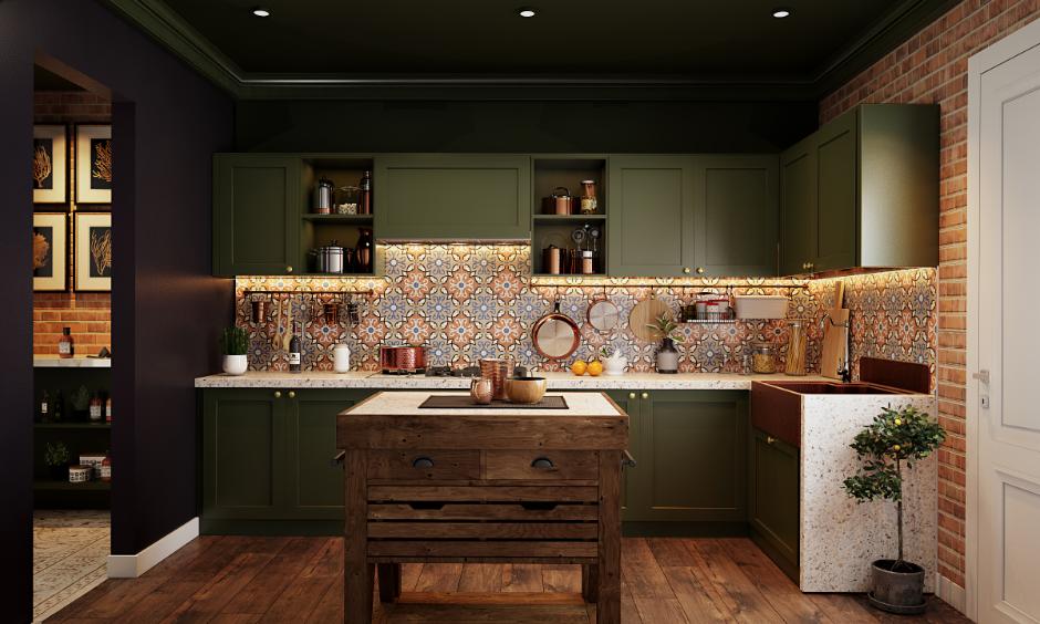 Indian rustic kitchen with teak cabinets, granite worktop, and hanging copper pots.