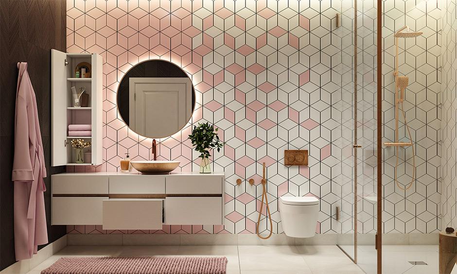 Bold geometric interior design with earthy neutrals and jewel tones creates a stylish and elegant space.