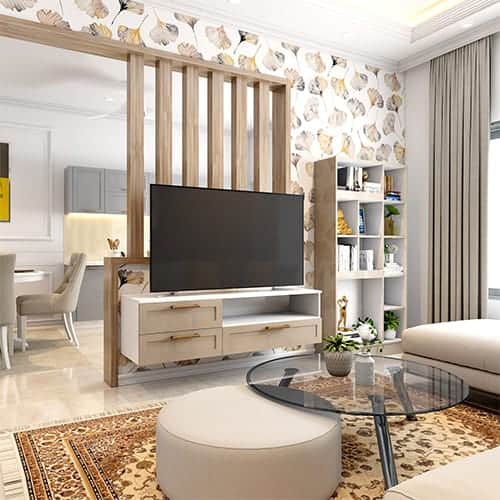 Interior decorators in Bhubaneswar designed living room with a corner bookshelf