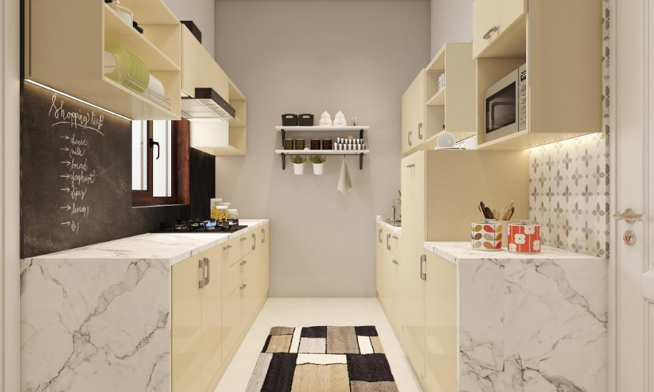 Normal kitchen furniture with modular cabinets, marble counters and wall storage ideas