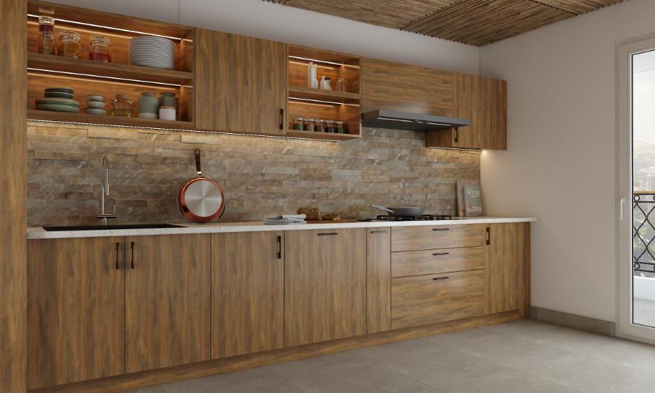 Straight normal kitchen design with wooden cabinets, open shelves, and natural stone backsplash