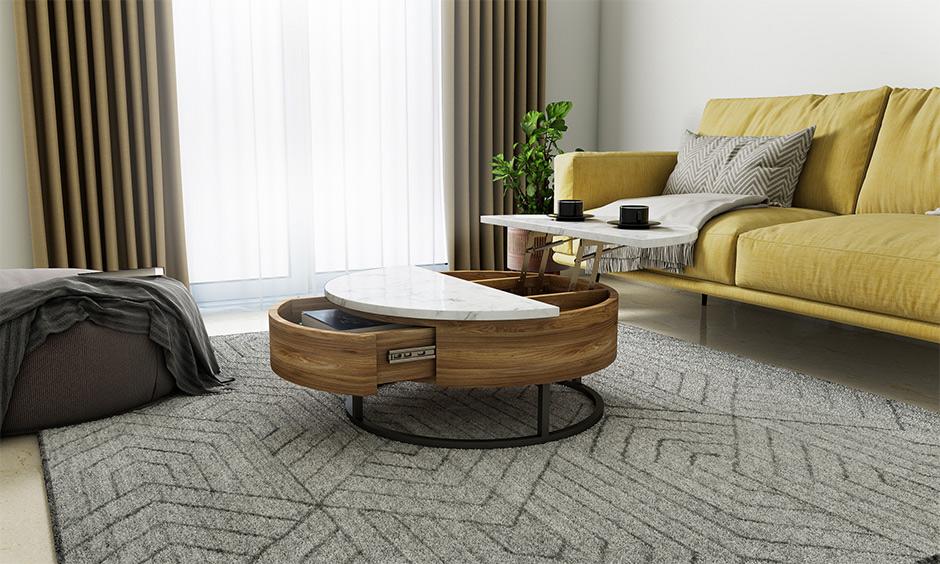 Round coffee table with pull-out drawers, which enhances your lifestyle