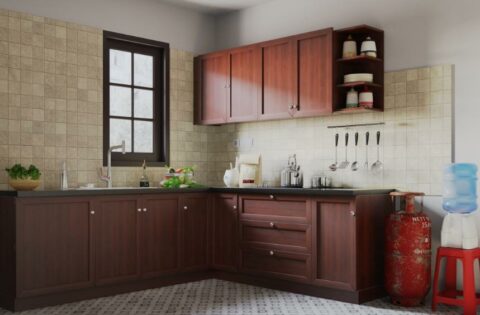 Non-modular kitchen with wooden cabinets, wall tiles and gas cylinder setup