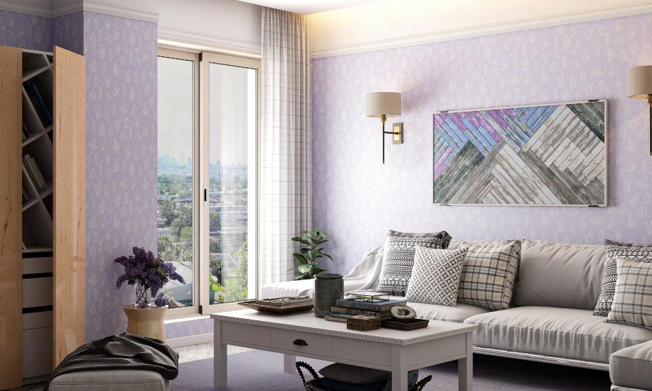 Modern living room with purple wall colour design and calm interiors