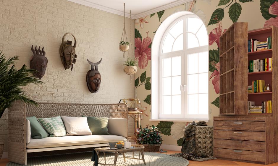 Living room wall colour design with floral wallpaper and muted colours