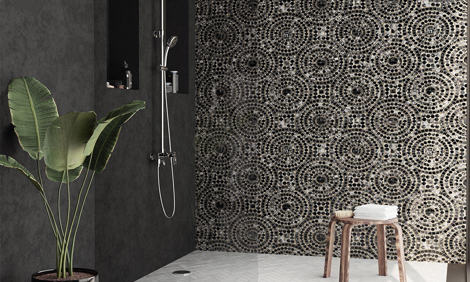 Black bathroom with a shower niche which looks absolutely gorgeou
