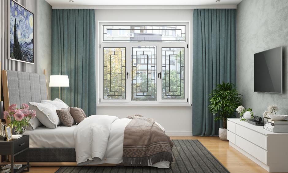 Contemporary bedroom with black window grill colour design against white frame and grey accents.