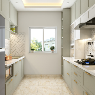 Modern parallel kitchen design in Delhi with neutral tones and open shelves