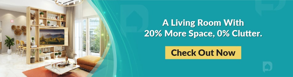 Spacious living room with smart storage solutions and minimalistic design for clutter-free space.