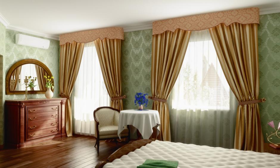 Decorative pelmet design with geometric patterned curtains for vintage look