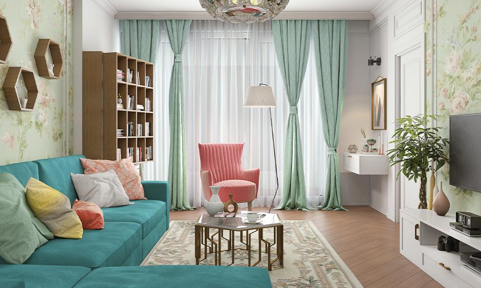 False ceiling with integrated pelmet design and pista green curtains