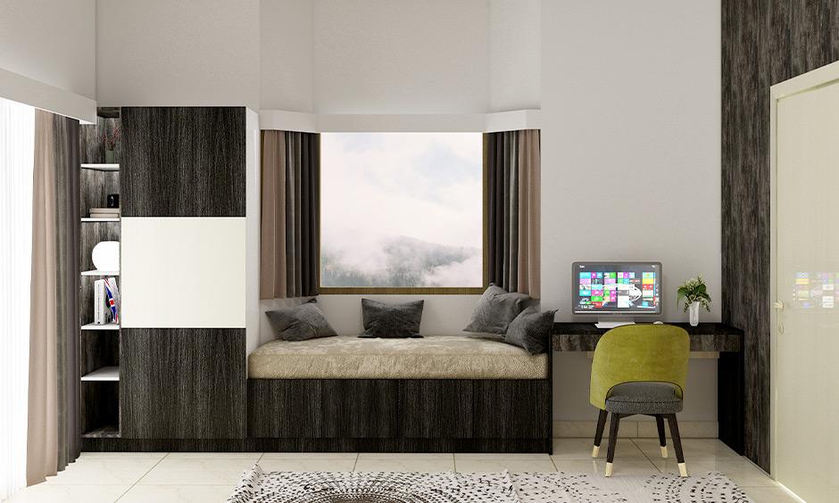 White wooden pelmet design for window bay reading nook with tall curtains