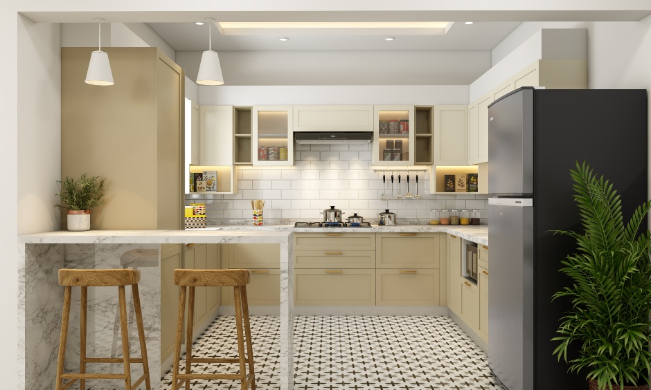 A serene kitchen with neutral tones of white, soft grey, warm taupe, and muted green exudes classic elegance.