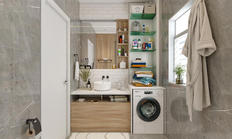Open shelving enhances vertical space in a small bathroom renovation with modern style.