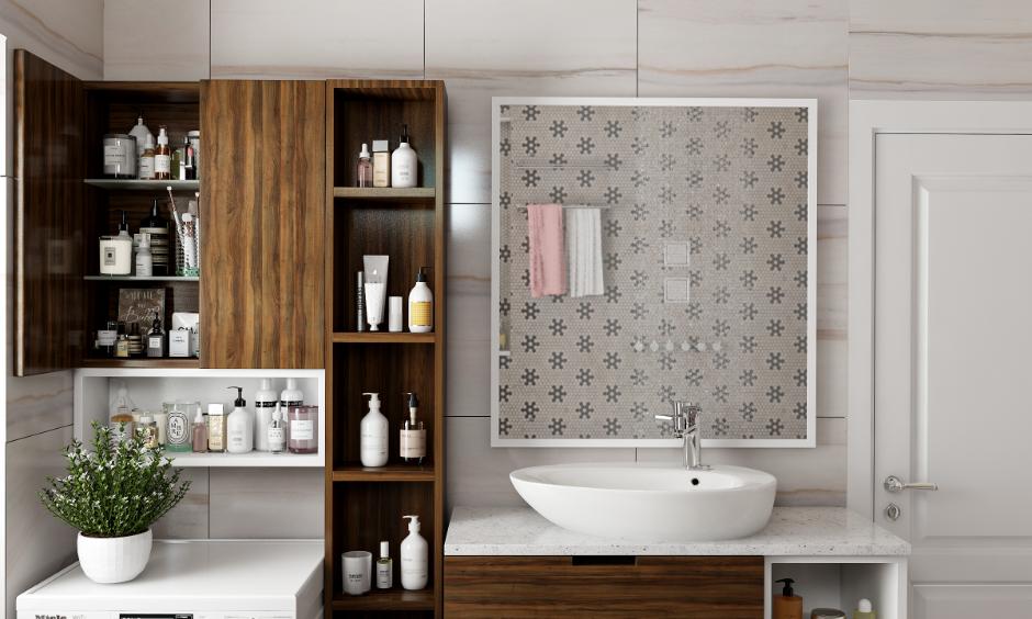 Modern bathroom shelf made of particle board furniture, known for affordability and sleek design.