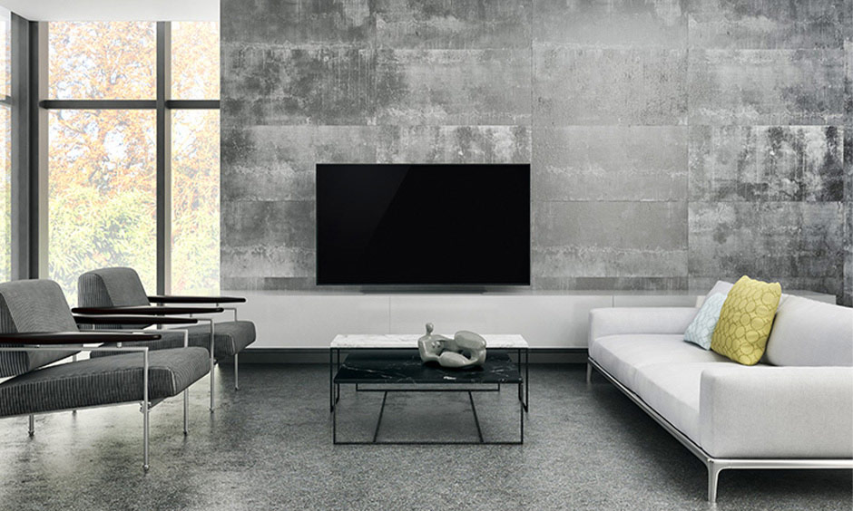 Industrial pet-friendly living room with concrete walls, sleek furniture, and spacious layout for pets.